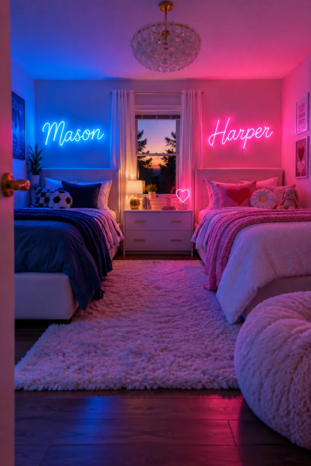 Two beds with custom name neon signs glowing above them in different colors