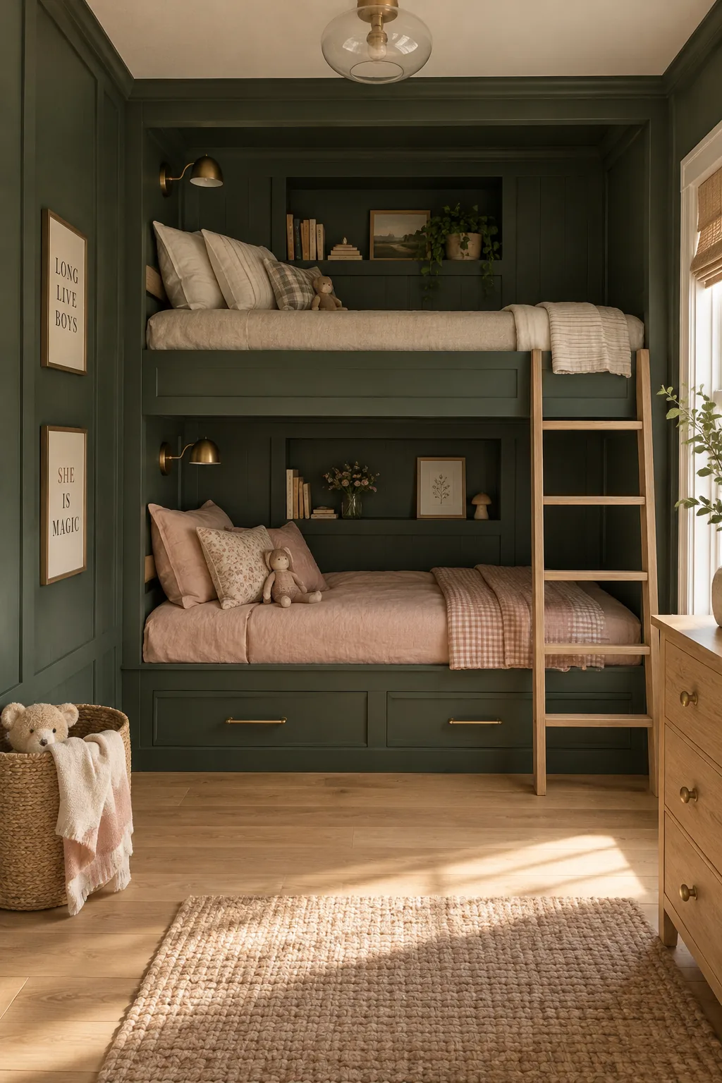 Custom built in bunk beds painted dark green with individual reading lights