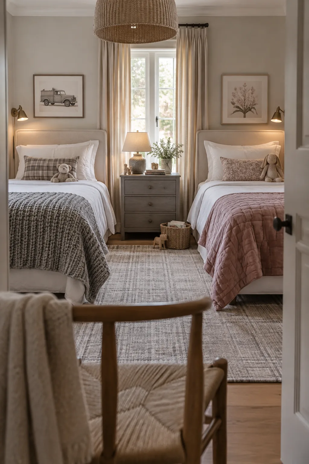 Twin beds with white linen duvets and different textured blankets folded at the foot