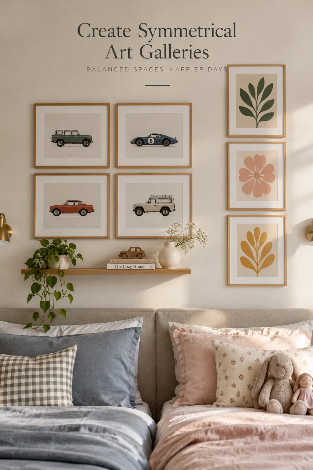 Three matching black picture frames above each bed with different art prints inside