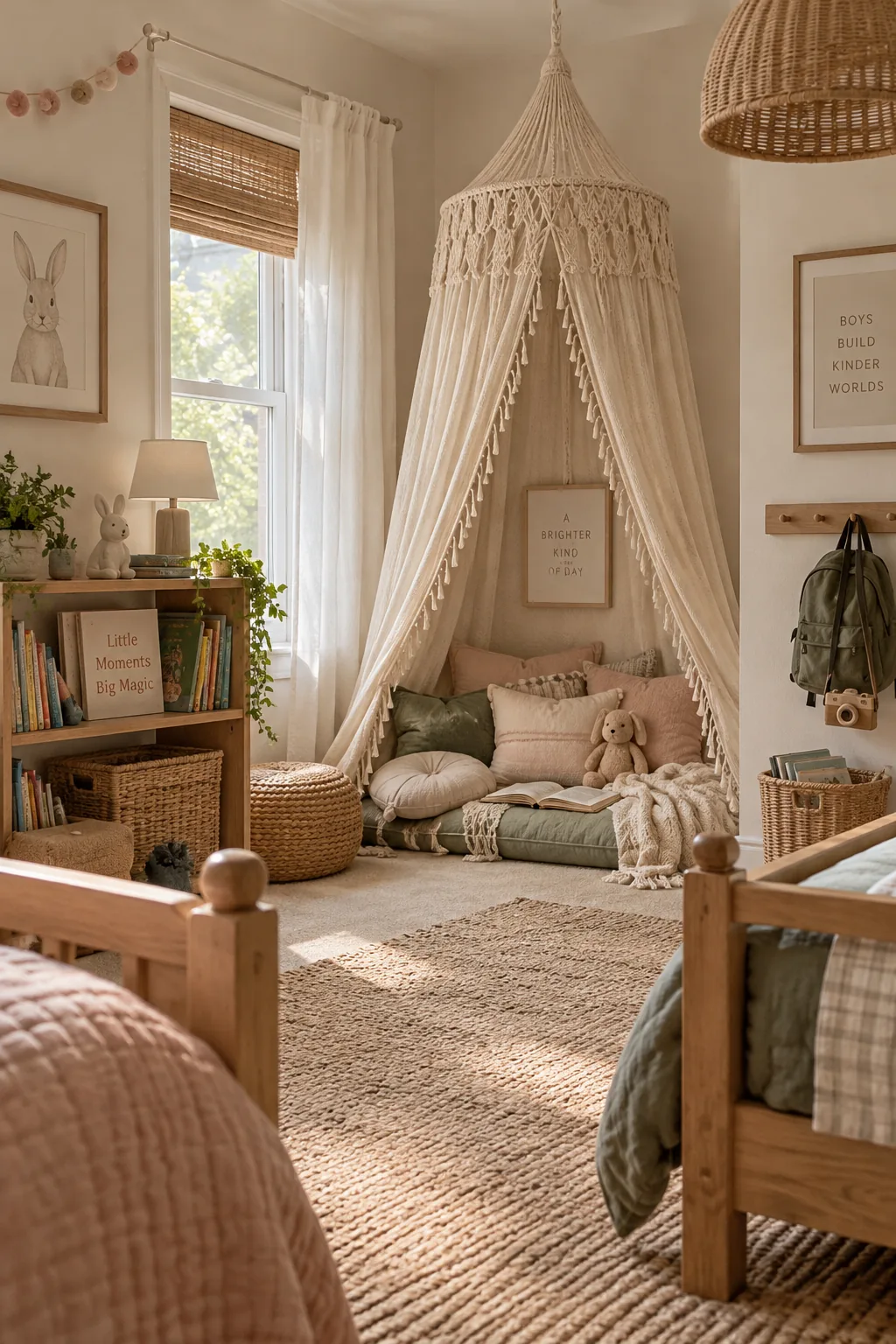 Macrame canopy hanging in a bedroom corner with colorful floor cushions underneath