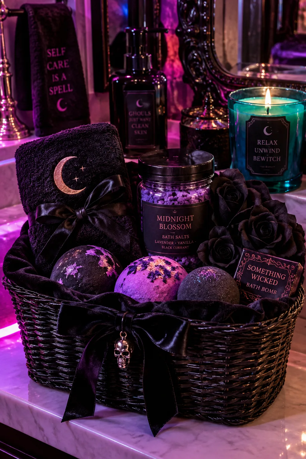 Matte black basket lined with velvet and filled with dark bath bombs and spa items.