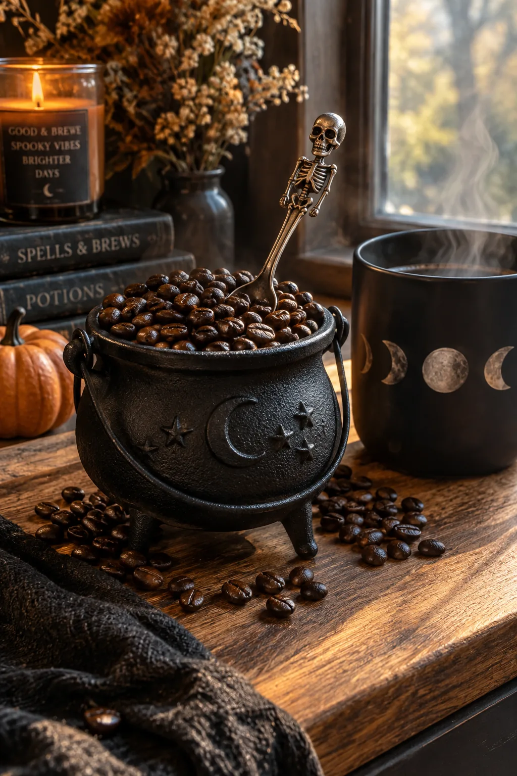 Ceramic witch cauldron filled with coffee beans, a mug, and a skeleton spoon.