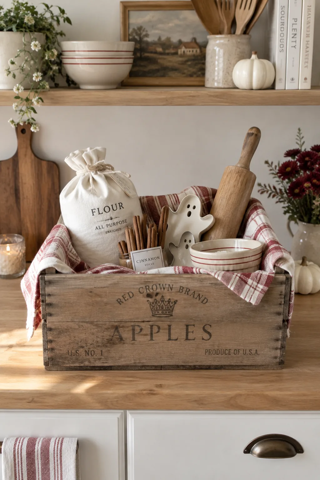 Wooden apple crate filled with baking supplies and a plaid towel.