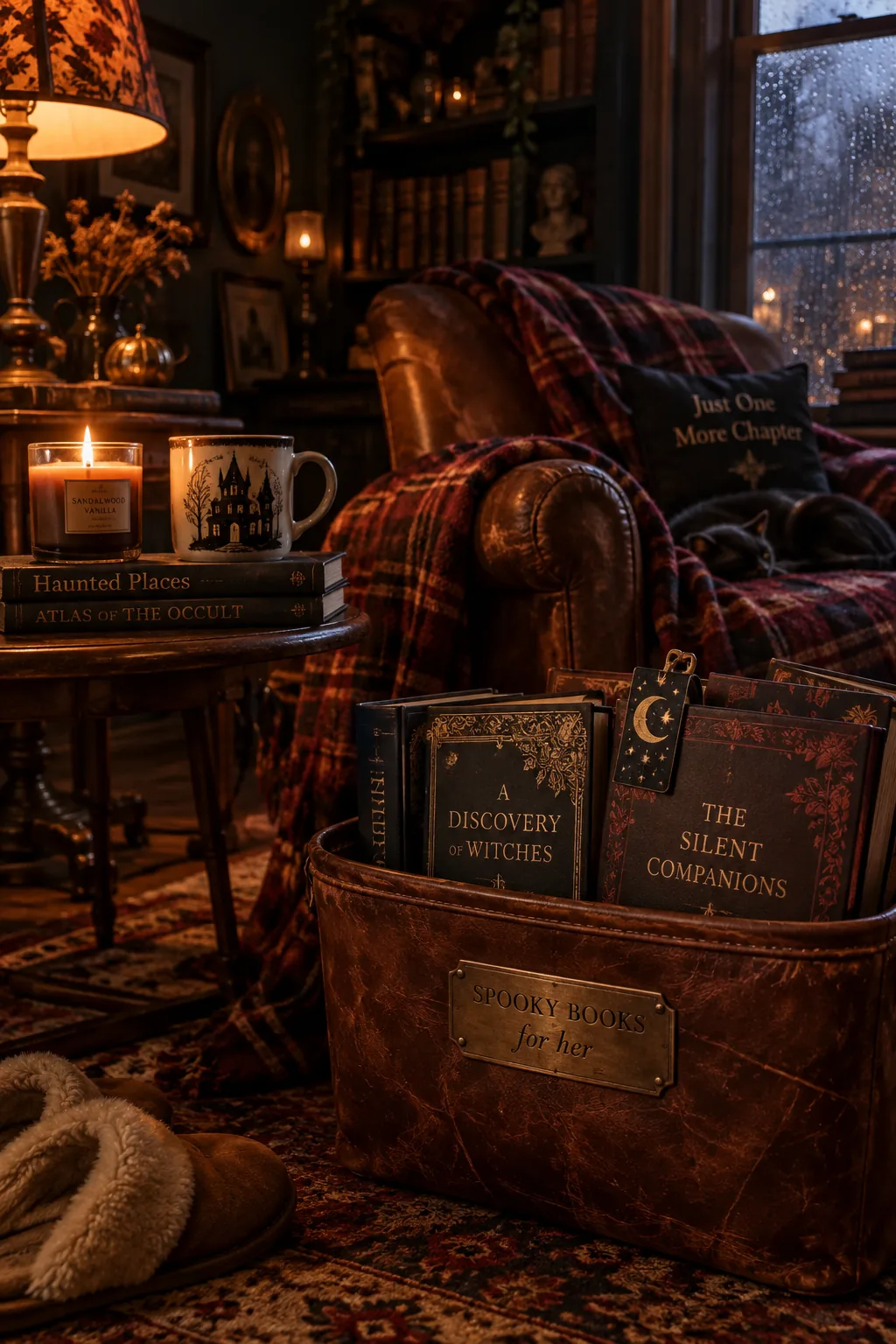 Vintage leather bin holding a thriller novel, reading light, and tea.
