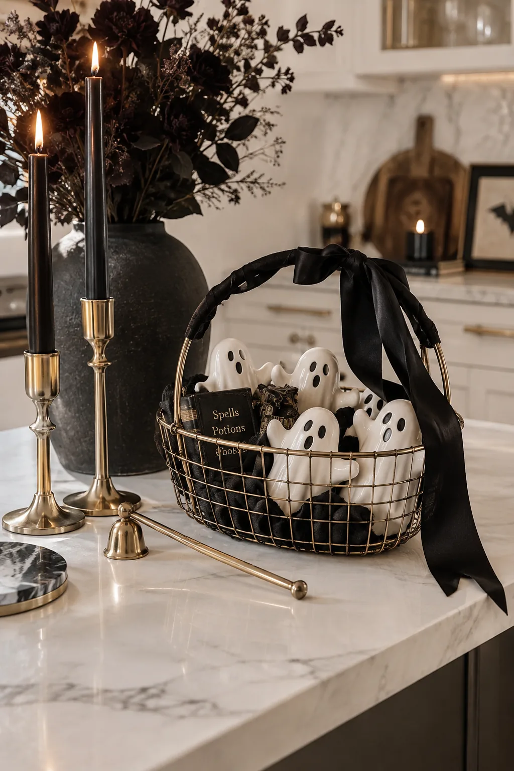 Sleek wire basket holding ceramic ghosts and gold decor accents.
