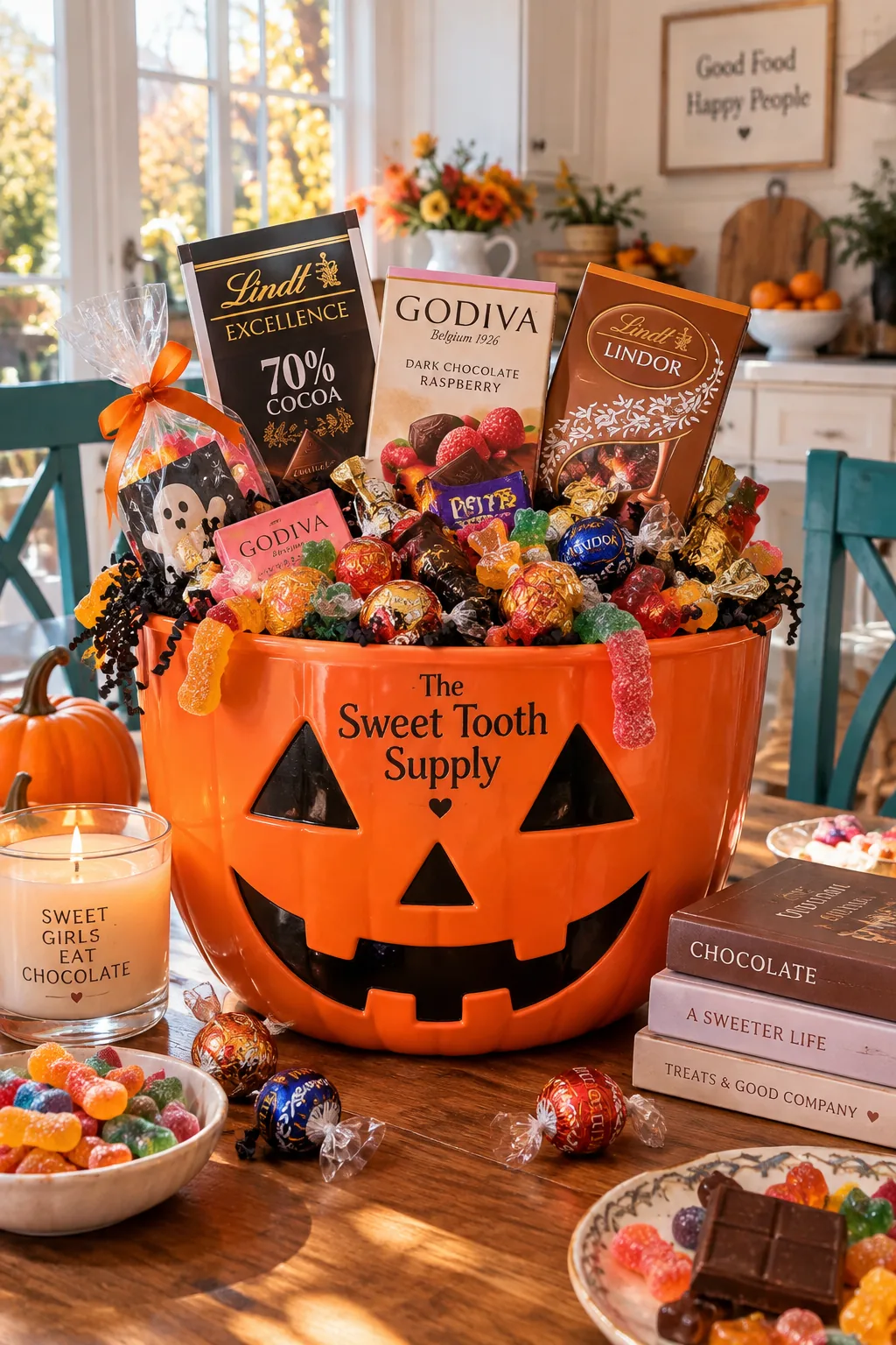Plastic jack-o-lantern bucket overflowing with high-end chocolate and colorful gummies.