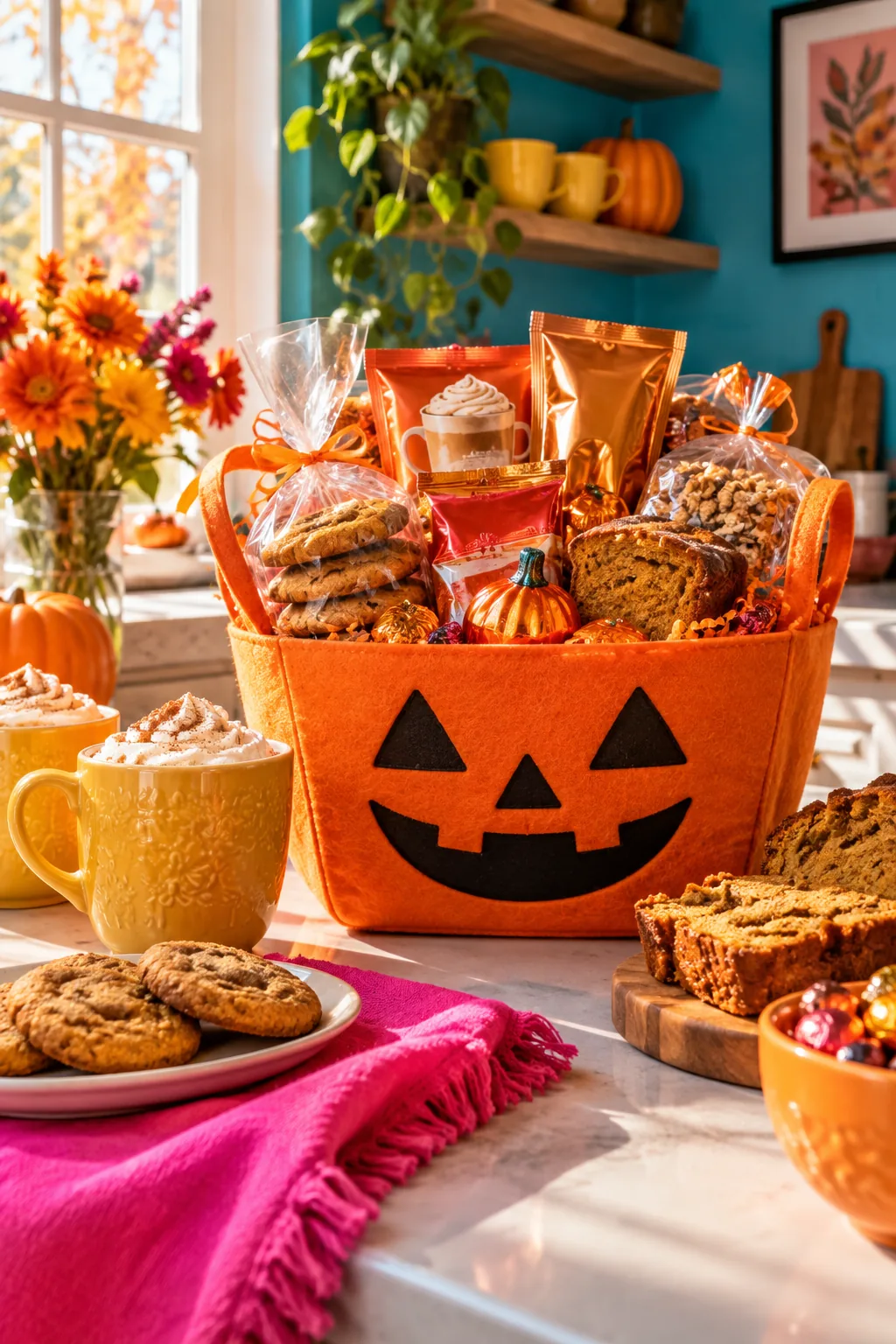 Bright orange felt basket packed with various pumpkin spice snacks.