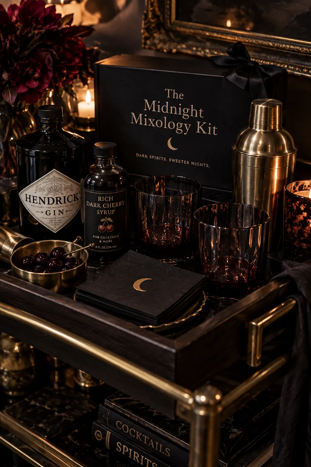 Dark wooden tray holding smoked glass tumblers, cocktail syrup, and napkins.