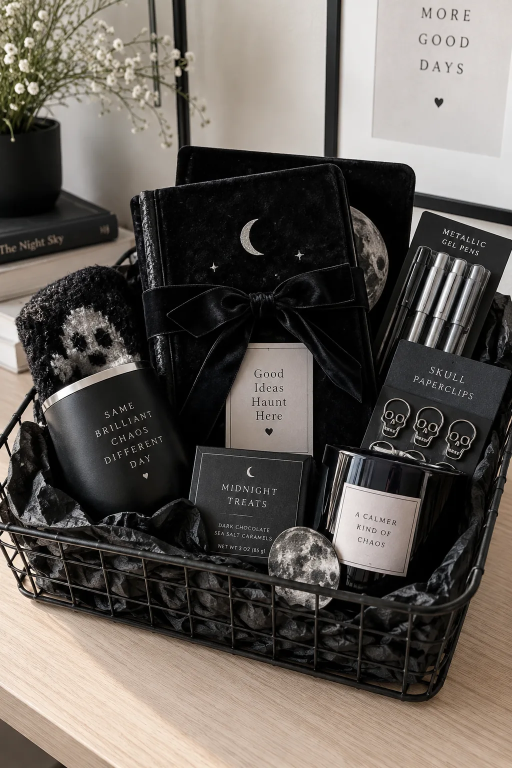 Black wire letter basket filled with dark notebooks and metallic pens.