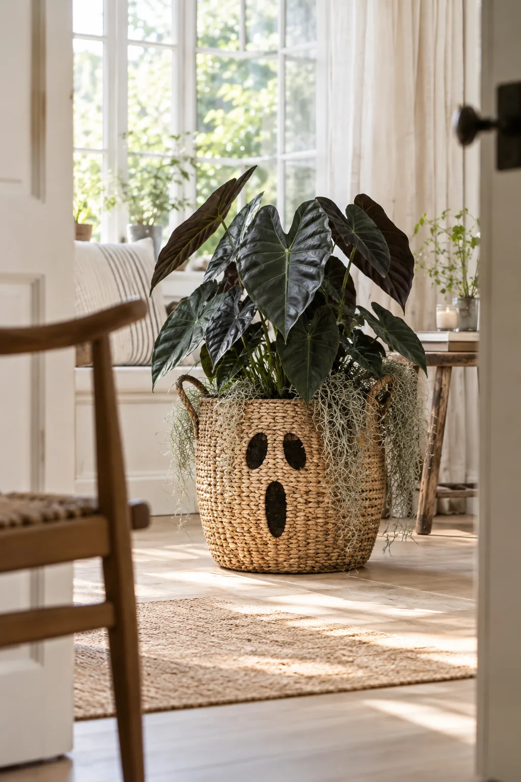 Woven belly basket holding a dark-leafed houseplant surrounded by Spanish moss.