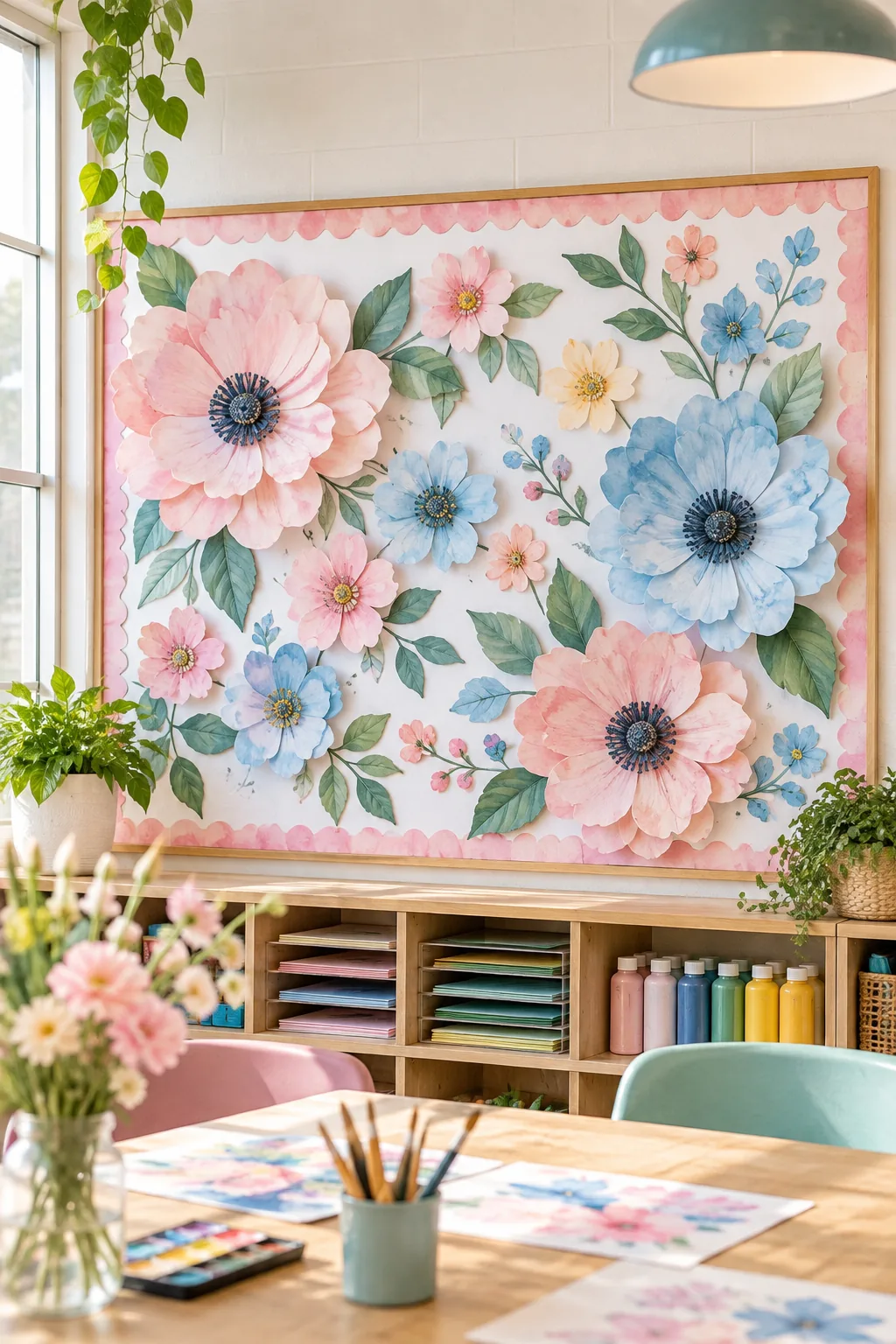 A pastel bulletin board with watercolor painted paper flowers.