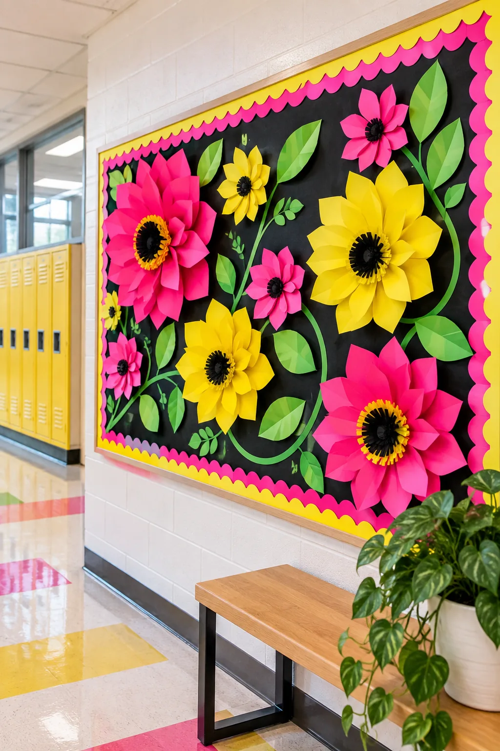 A high-contrast bulletin board with neon geometric flowers on a black background.