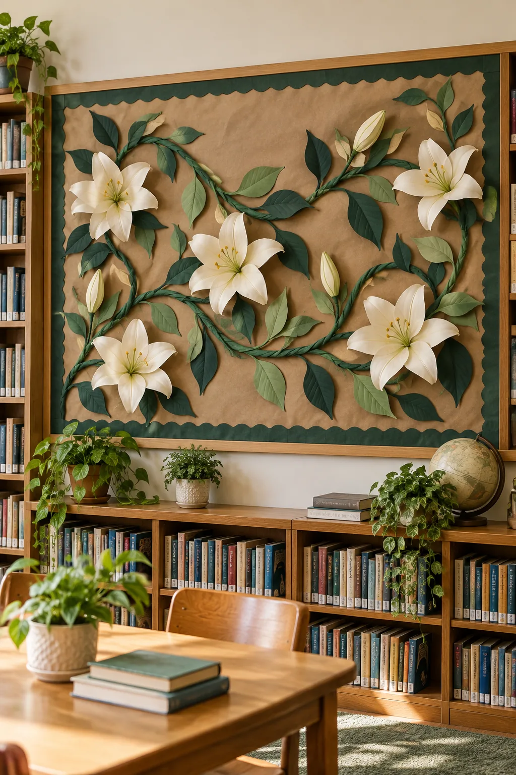 An earthy bulletin board featuring a kraft paper background and muted cream paper lilies.