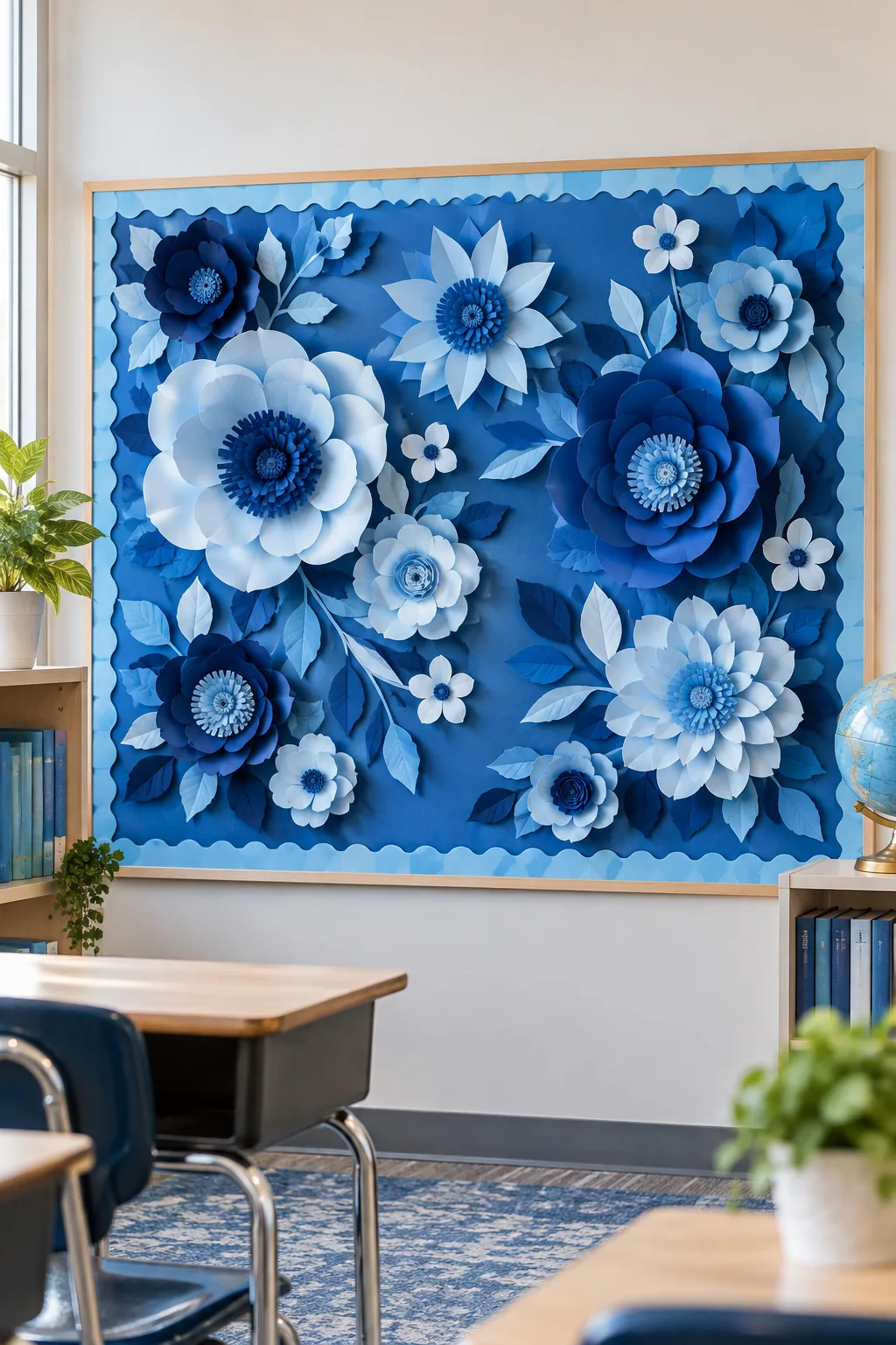 A monochromatic blue bulletin board with layered paper flowers in varying shades of blue.