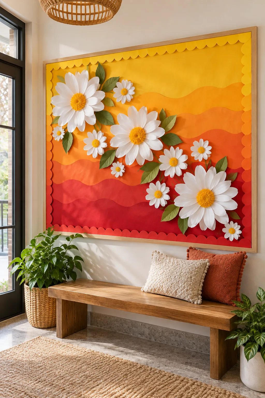 A bulletin board with a sunset ombre background and stark white 3D paper daisies.