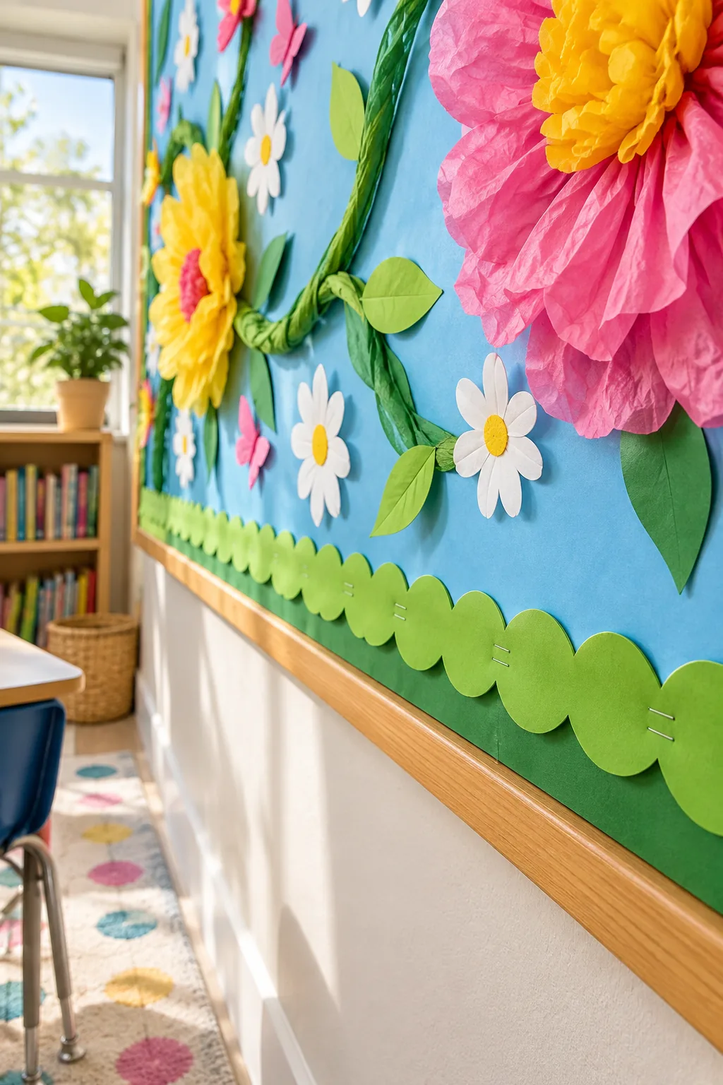 Two layers of green scalloped paper border overlapping on a bulletin board edge.