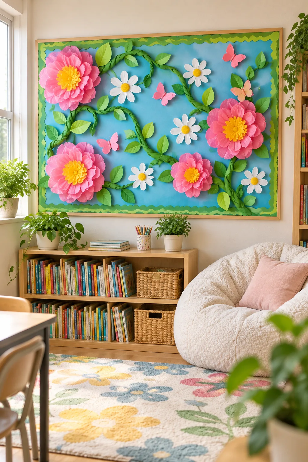 A fully decorated classroom reading corner featuring a vibrant 3D spring bulletin board above a bookshelf.