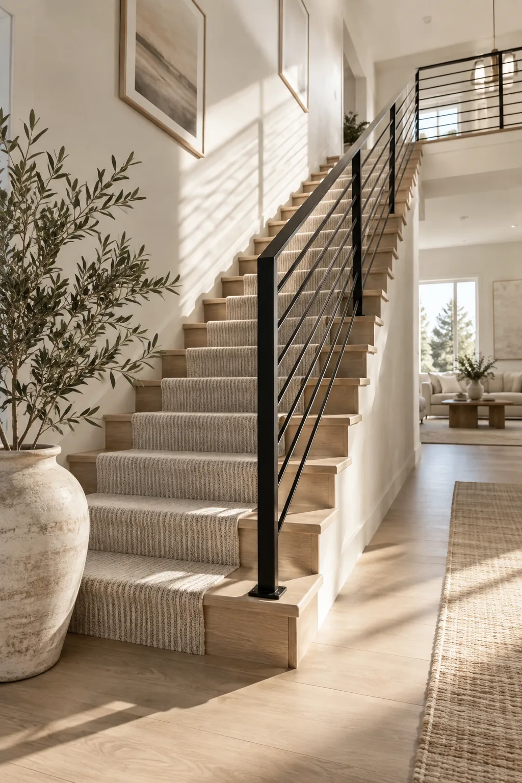 Modern staircase featuring horizontal matte black metal bars
