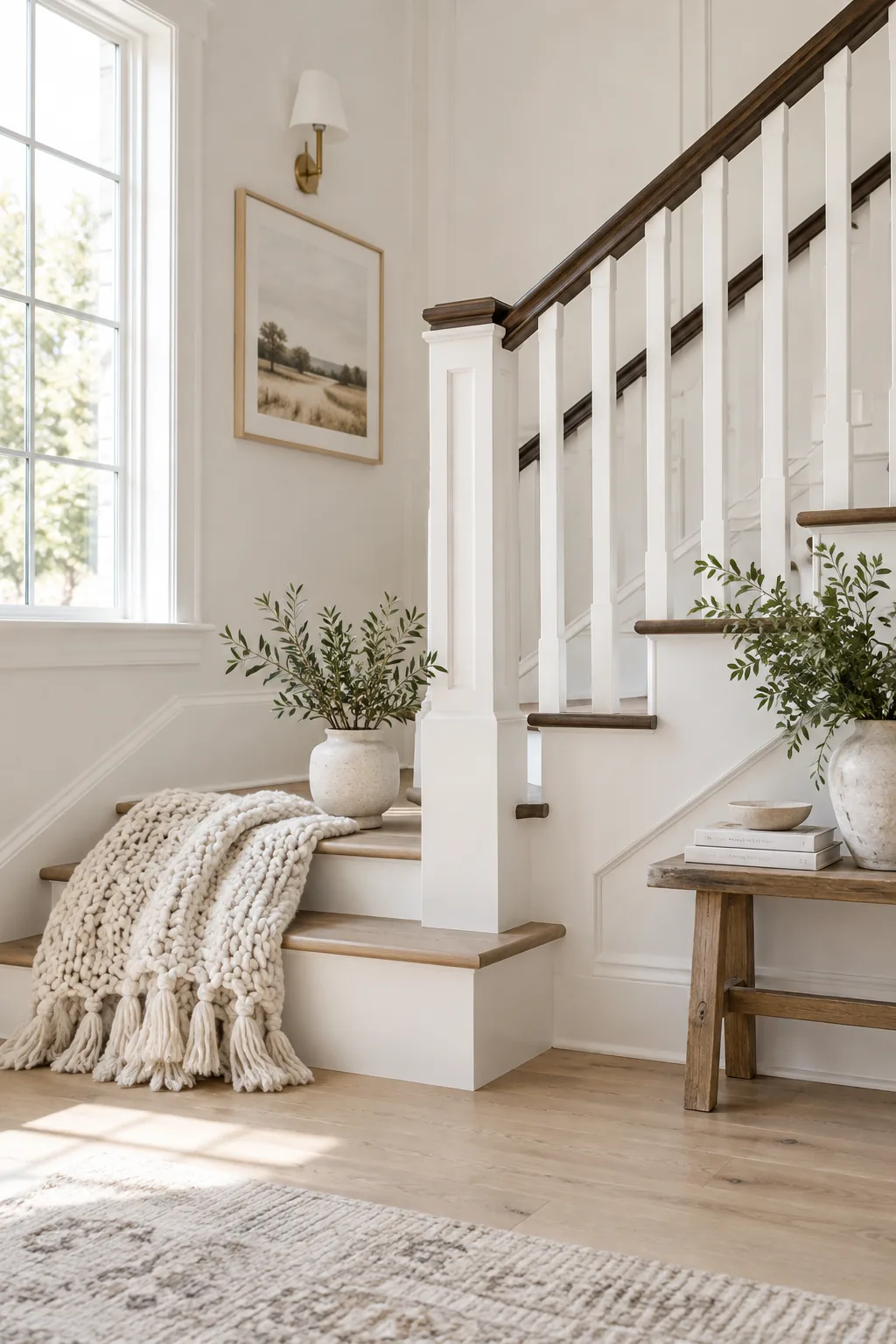Staircase with white painted spindles and dark espresso handrail