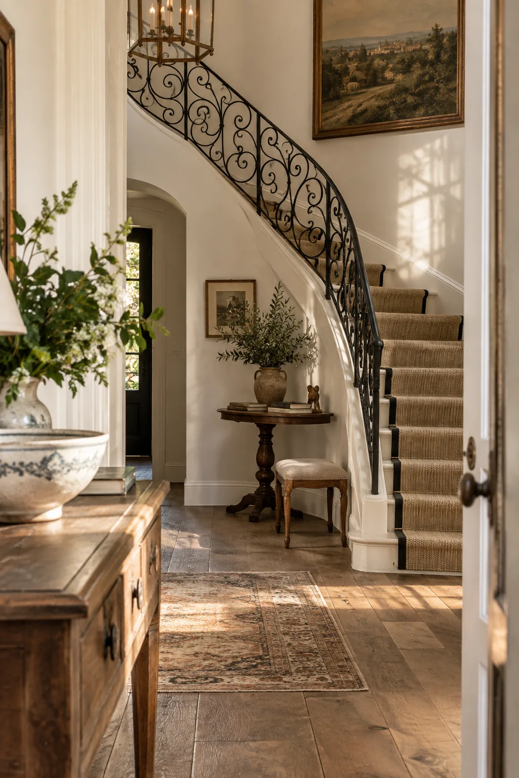 Staircase featuring decorative wrought iron scrollwork balusters