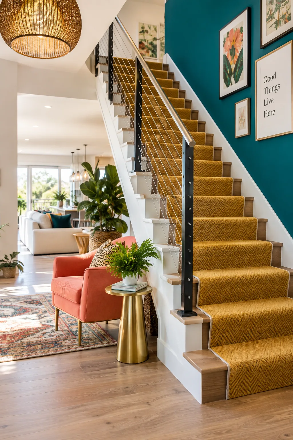 Open concept stairs with stainless steel cable railing