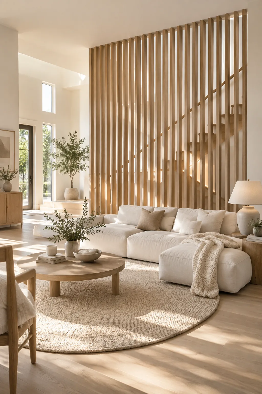 Floor to ceiling vertical white oak wood slats alongside a staircase