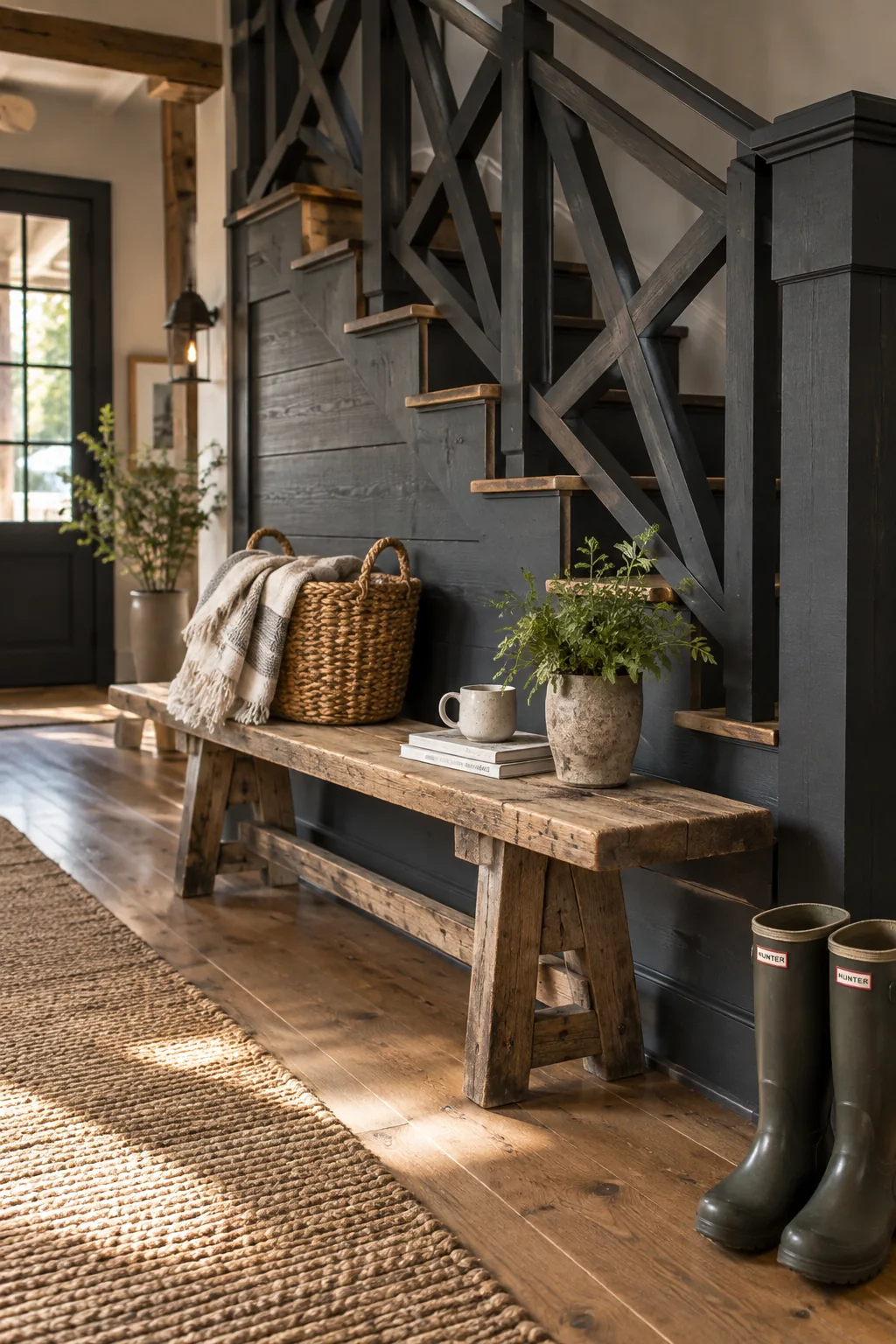 Charcoal painted staircase railing with wooden X-pattern design