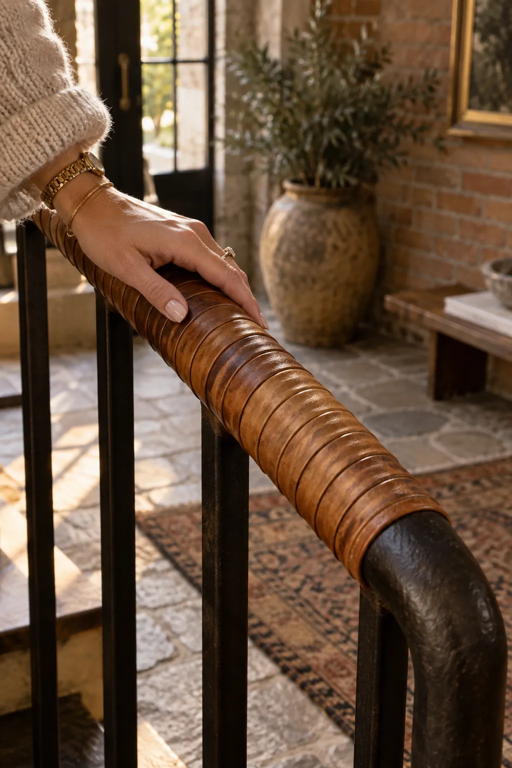Metal stair handrail wrapped in natural brown leather cord