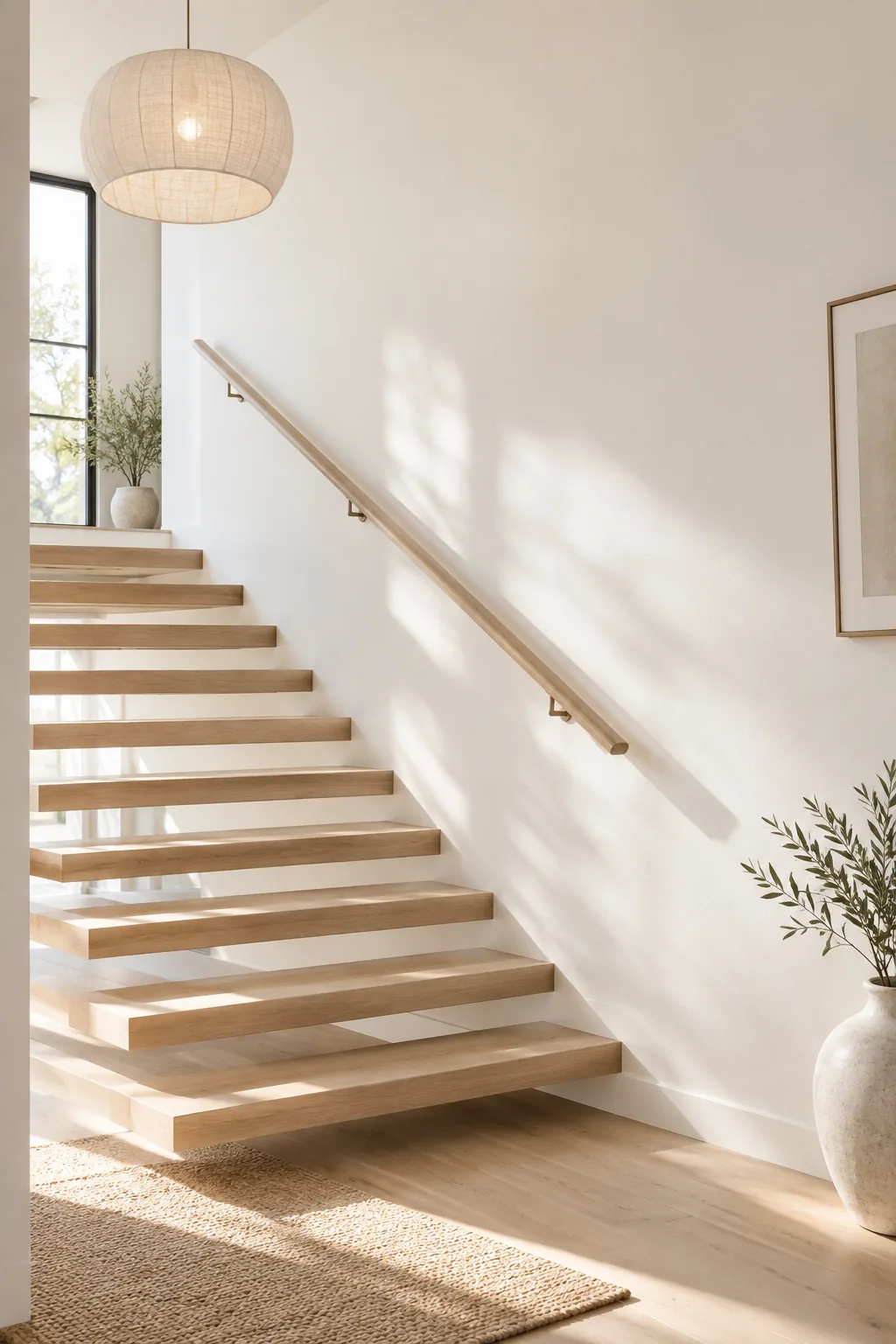 Sleek floating handrail mounted directly to a white wall