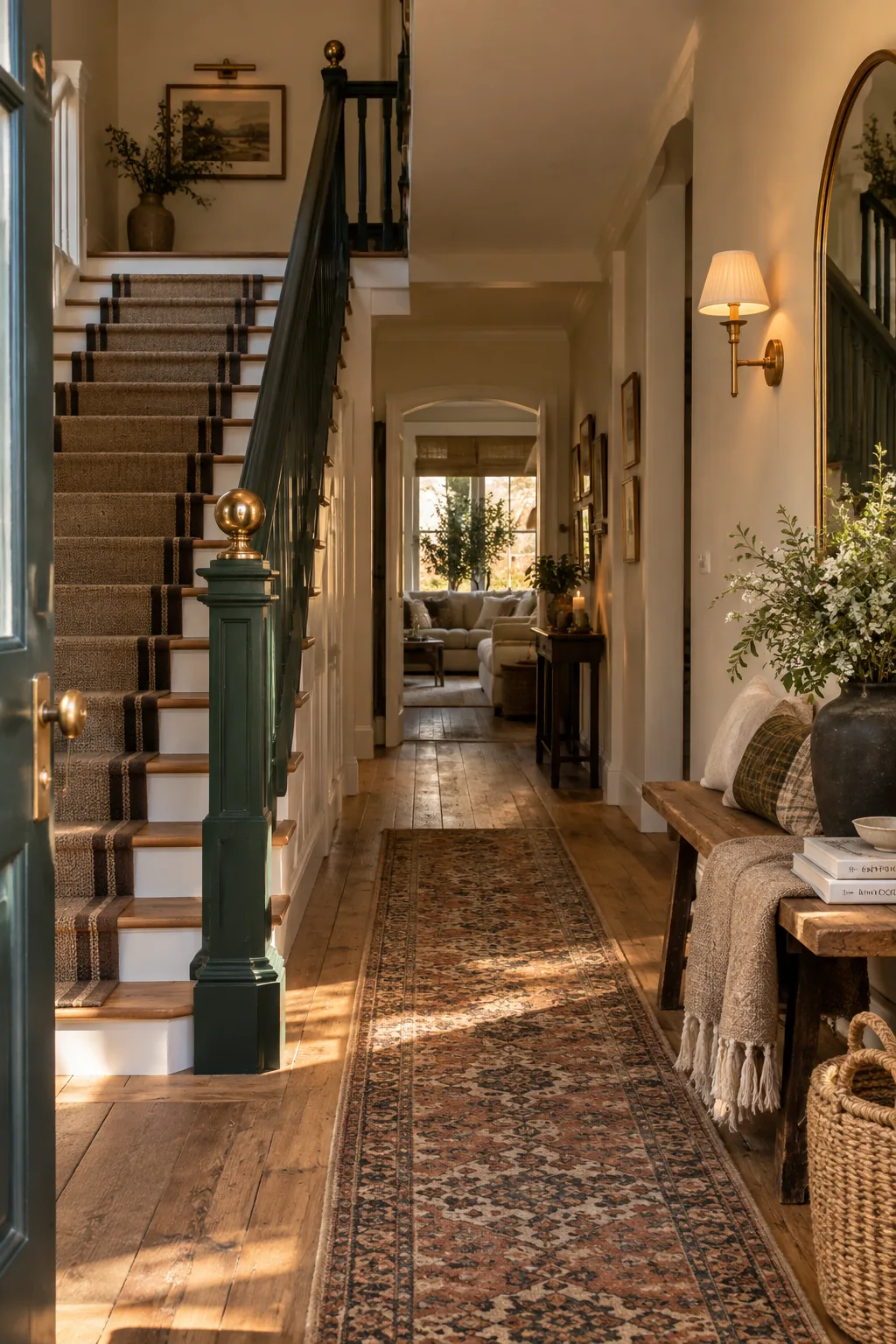 Wooden stair newel post topped with an unlacquered brass cap
