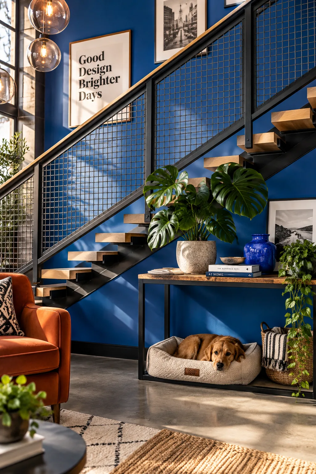 Staircase featuring industrial wire mesh panels in a metal frame