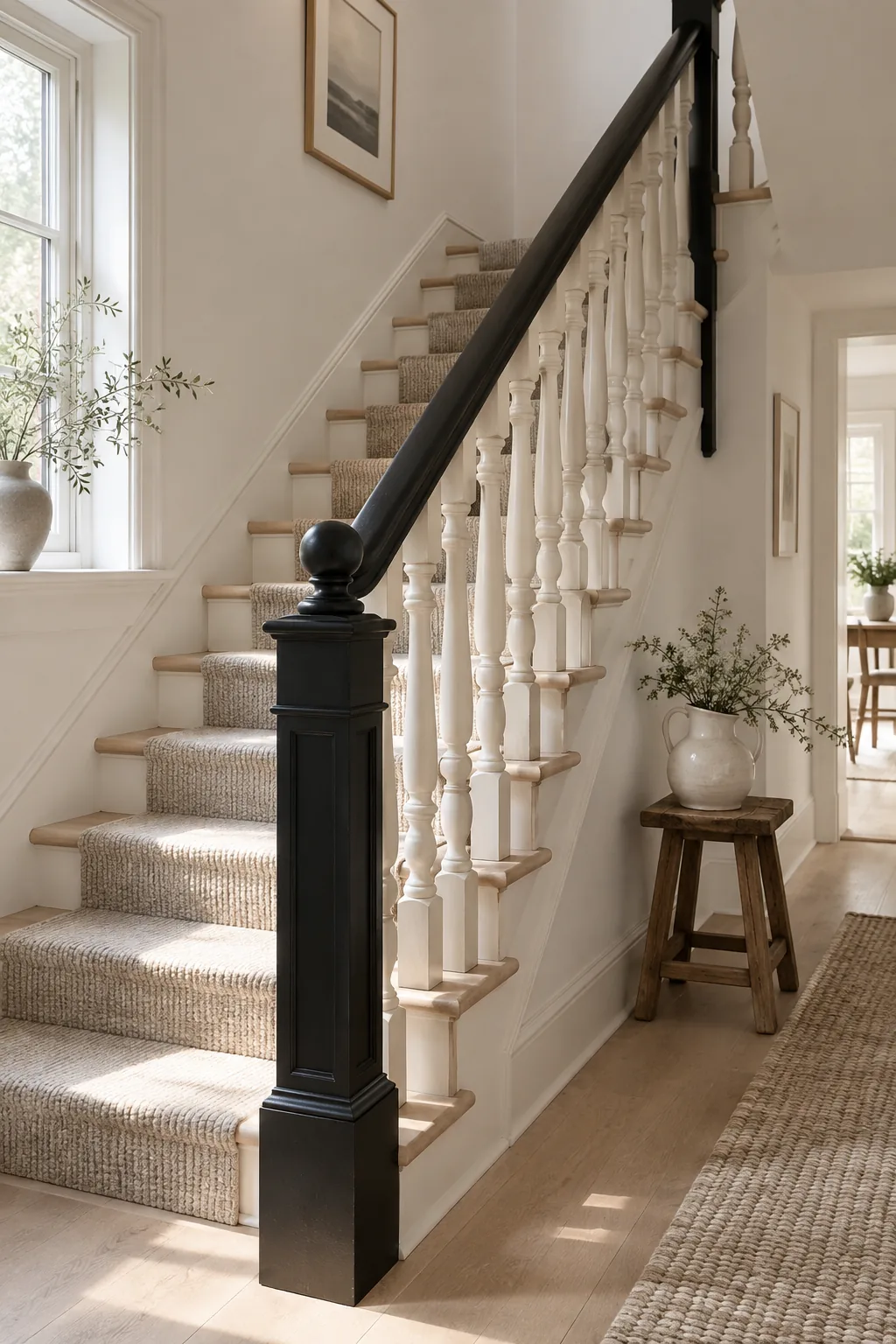 Staircase with greige painted balusters and a matte black handrail