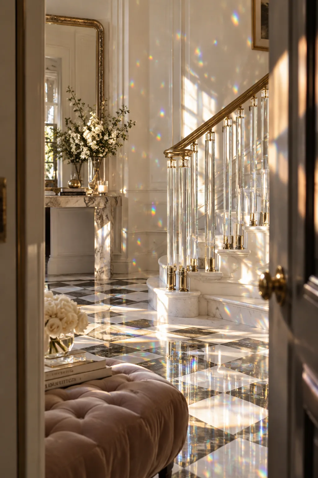 Glamorous staircase with clear acrylic spindles and a brass handrail