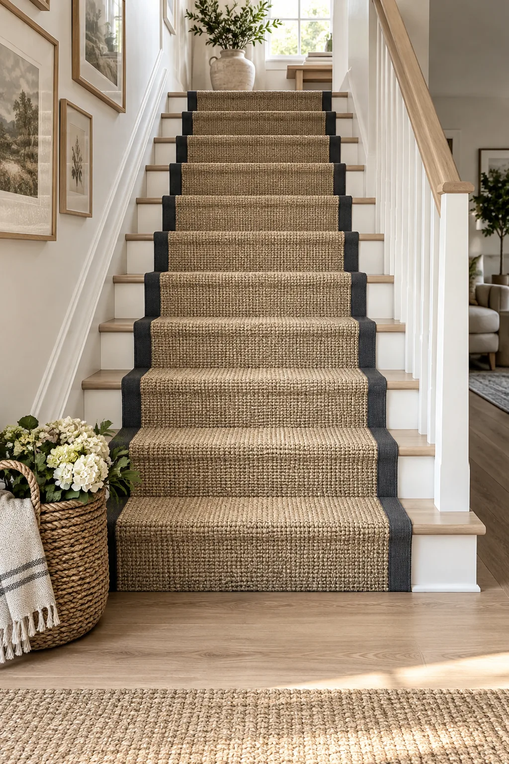 Staircase featuring a natural sisal runner with wide black cotton binding.