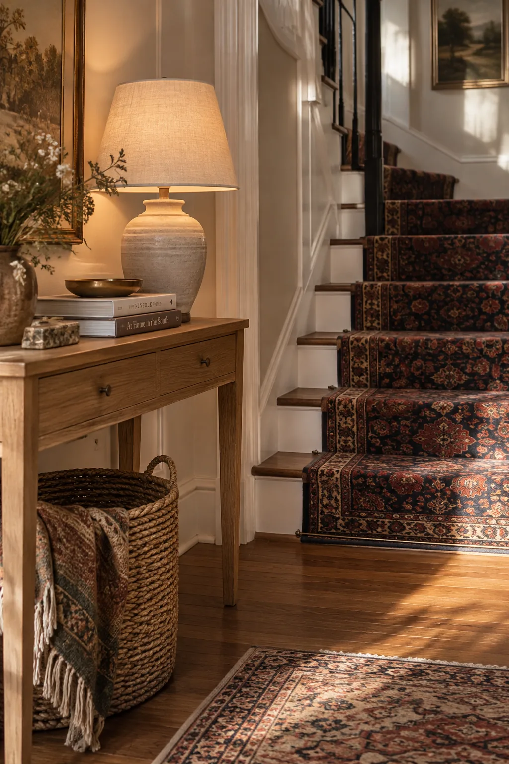 Wooden stairs covered with a vintage Persian runner in rich red and blue tones.
