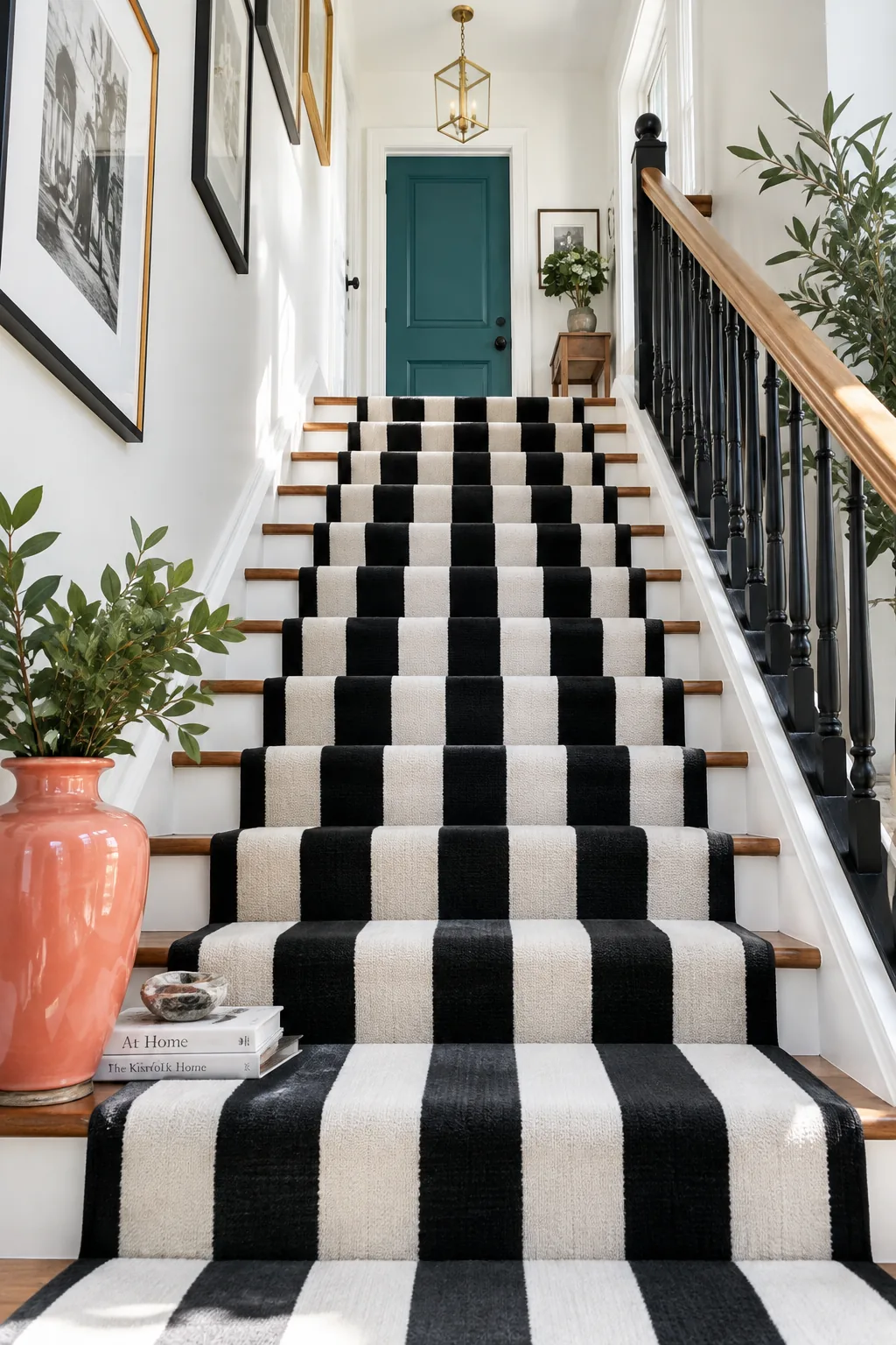 Staircase with a crisp black and white striped runner pointing upwards.