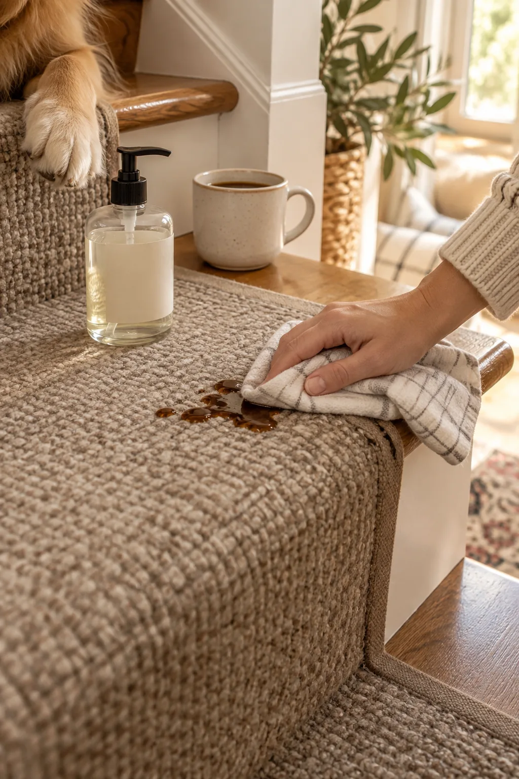 Soft synthetic heathered stair runner on white wooden stairs.