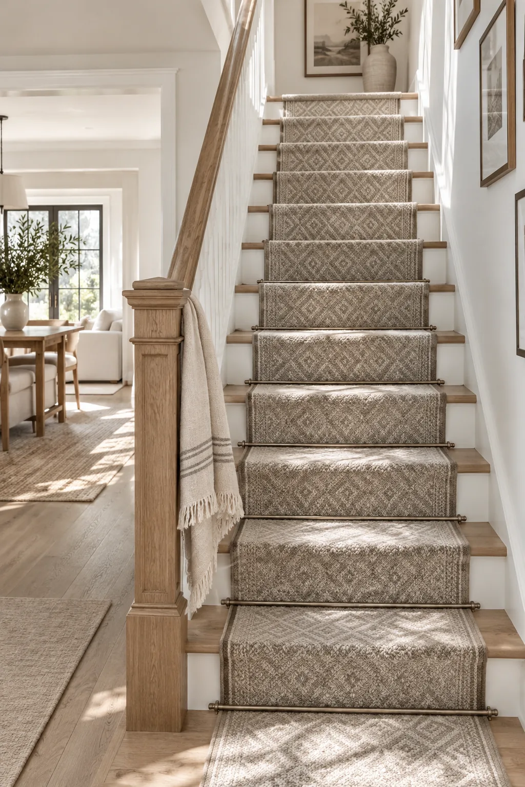 Stairs featuring a subtle tone-on-tone geometric runner with metal stair rods.