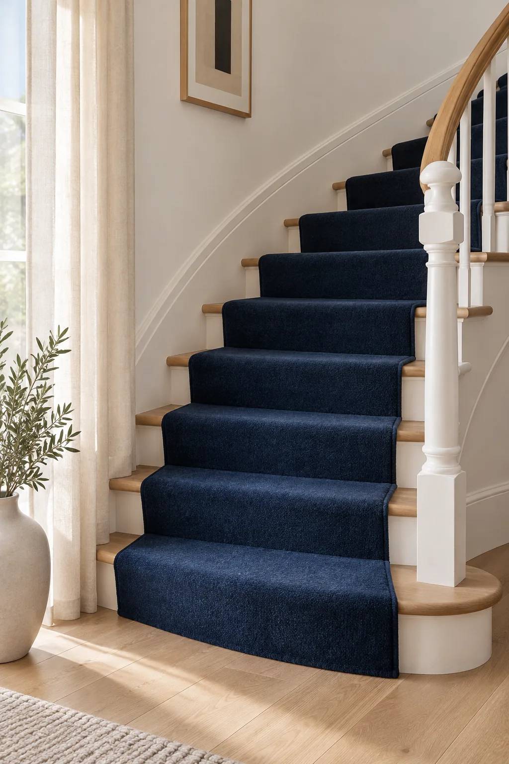 Curved staircase with a solid navy blue plush wool runner.