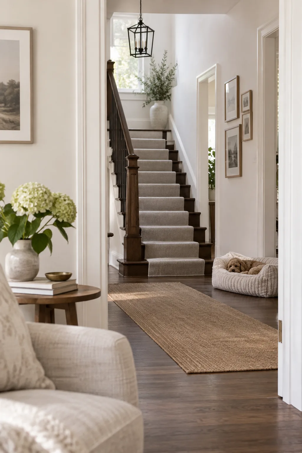 Dark hardwood stairs with a light gray carpet runner.