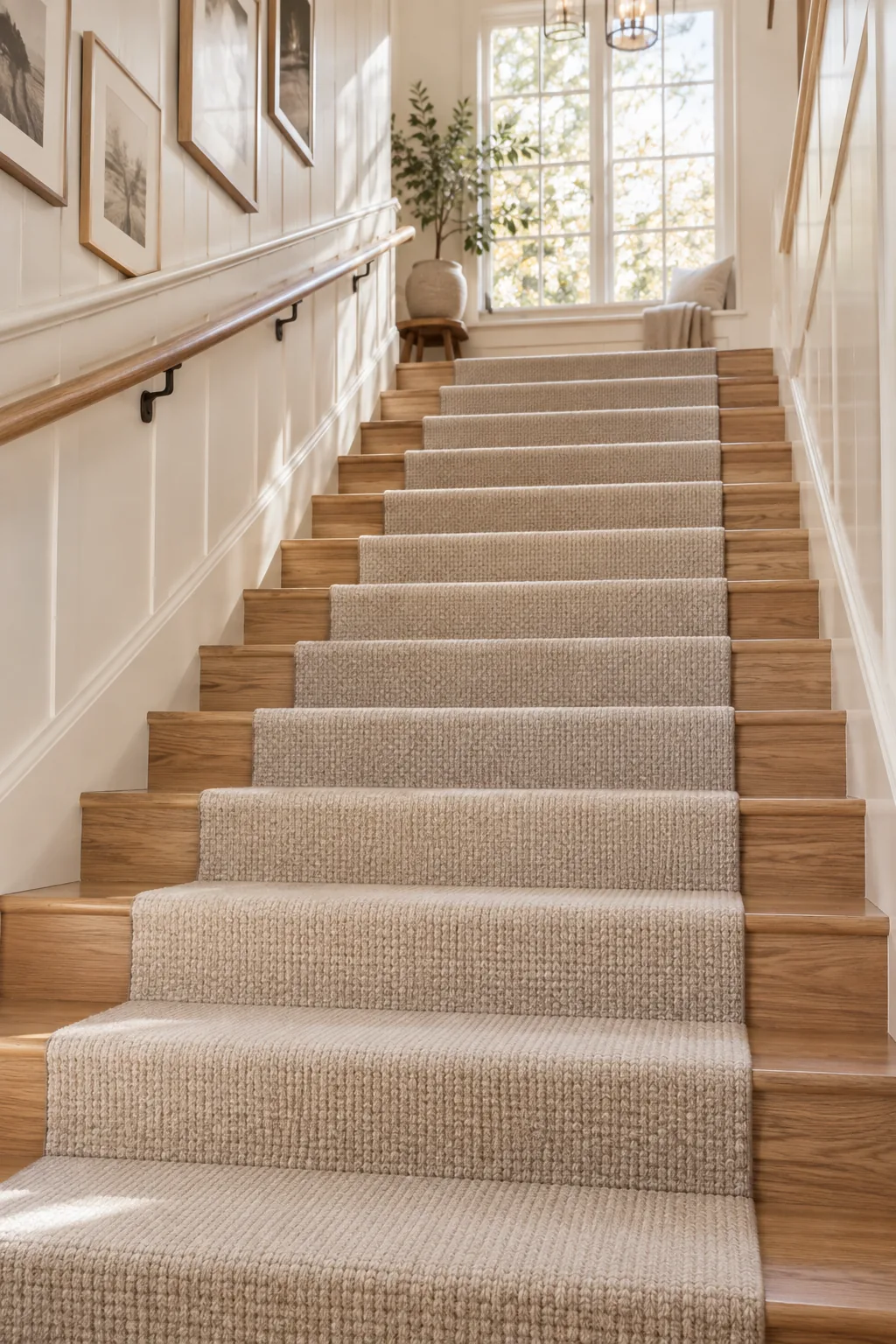 Staircase showing a perfectly centered runner with four inches of exposed wood on each side.