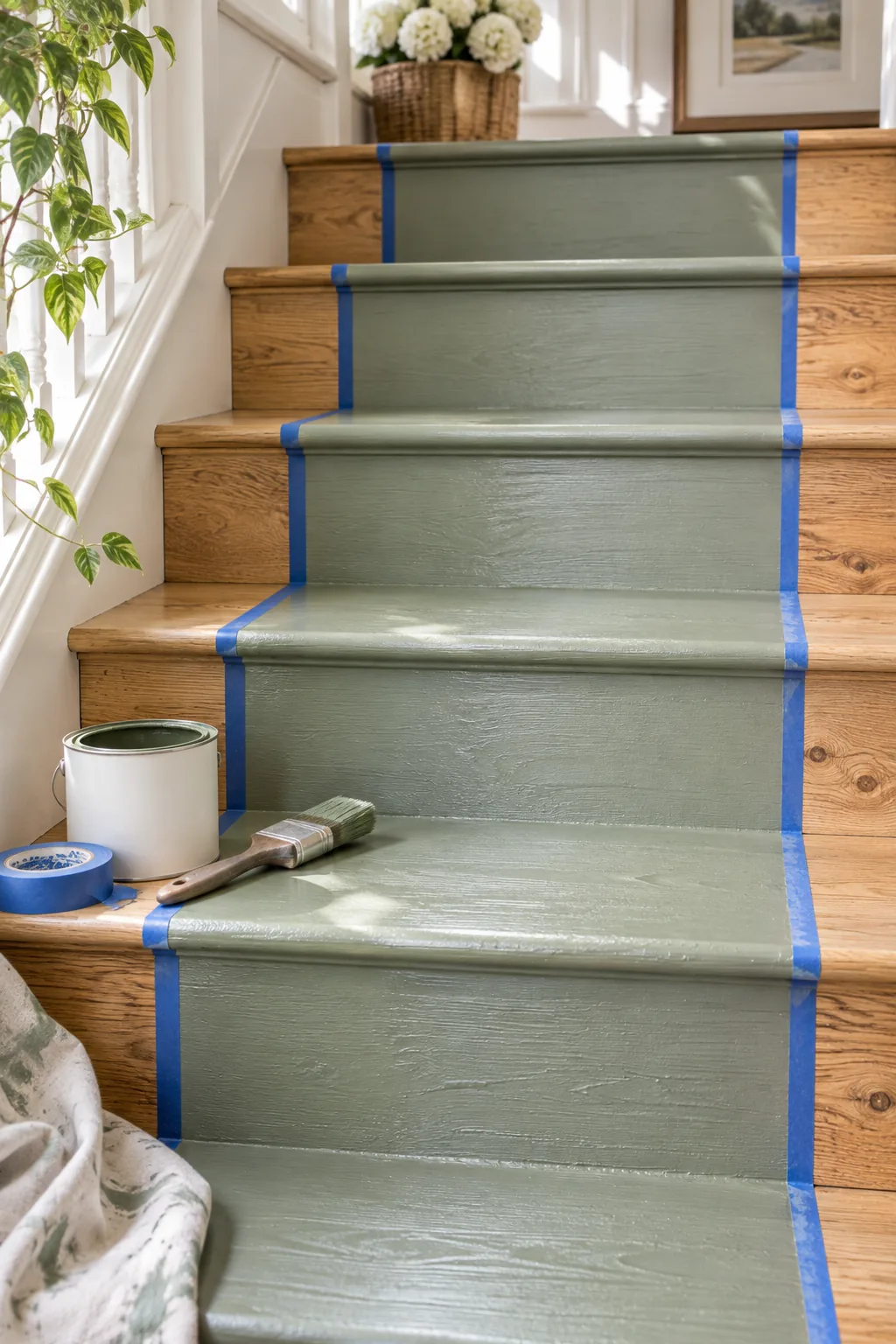 Staircase with a painted light blue center section acting as a runner.