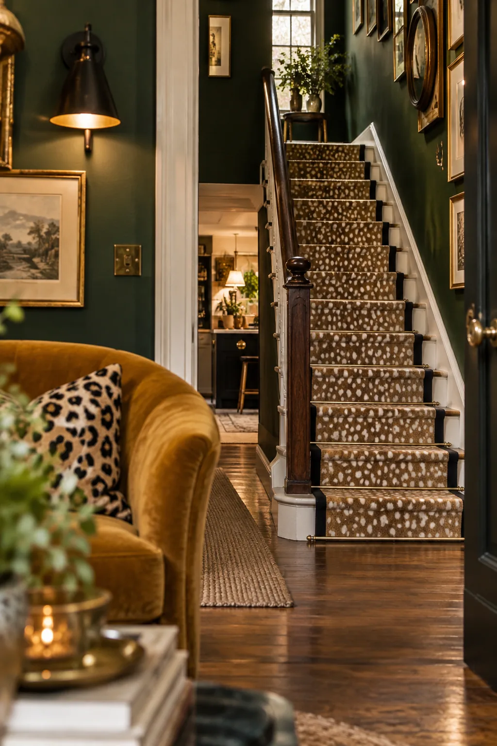 Staircase featuring a subtle fawn animal print runner.