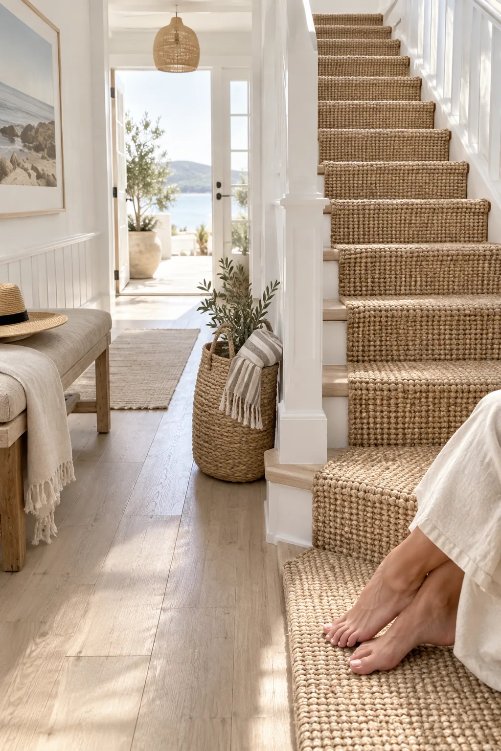 Chunky jute stair runner on white painted stairs.