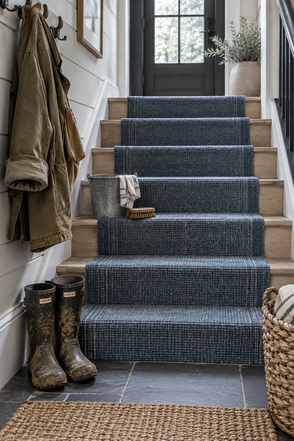 Durable indoor-outdoor runner installed on mudroom stairs.