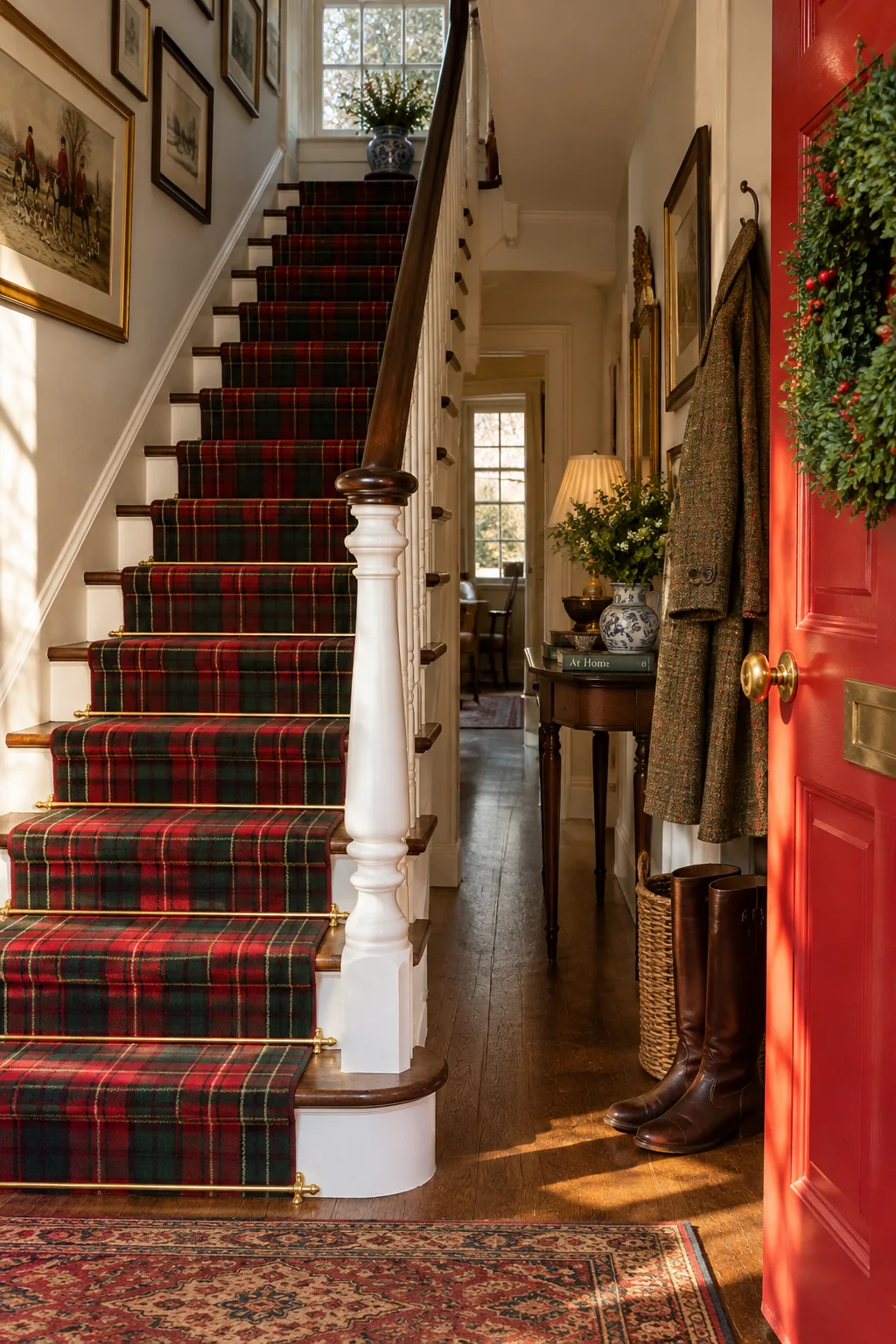Classic plaid stair runner on a traditional wooden staircase.