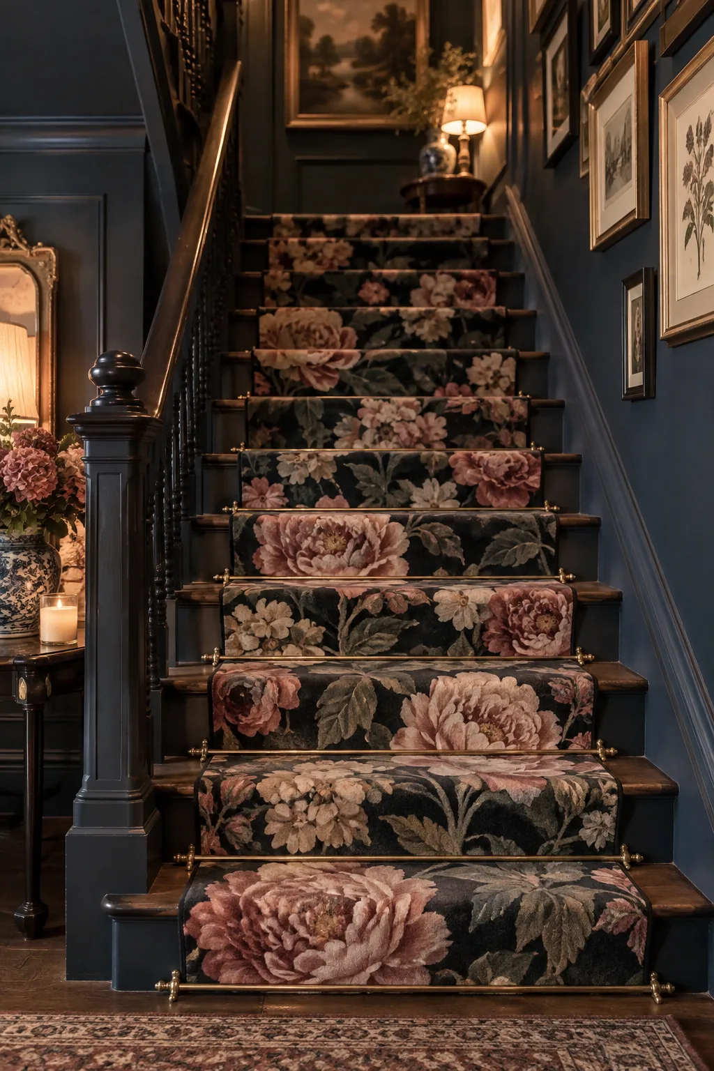 Maximalist staircase with an oversized floral pattern runner and brass rods.