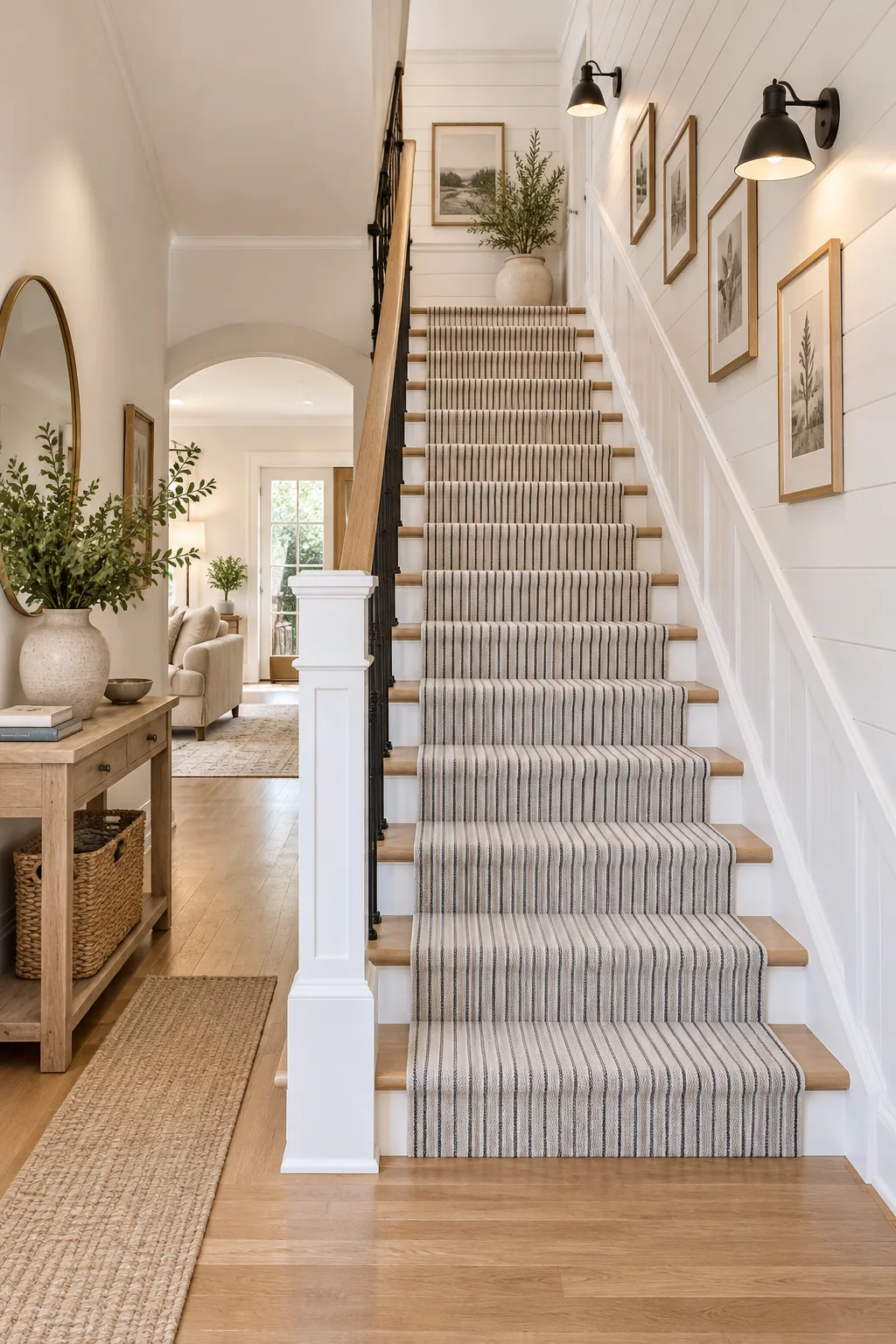 A modern farmhouse staircase with black metal spindles, a striped runner, and white shiplap walls.