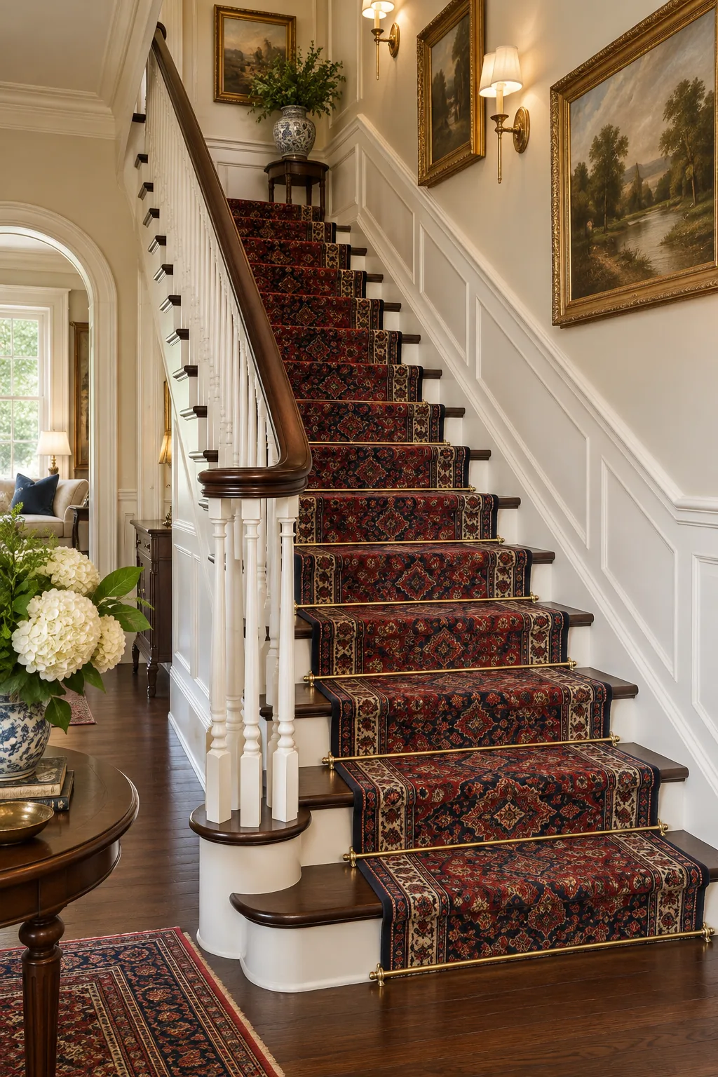 A traditional staircase with a red Persian runner secured by brass rods on dark mahogany wood.